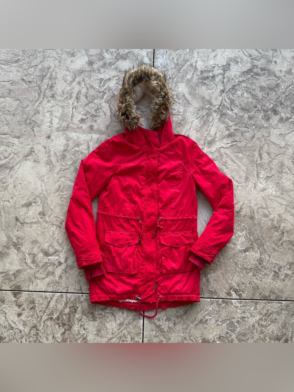 Vibrant Red Faux Fur Trim Hooded Parka Jacket